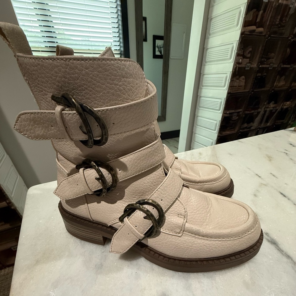 Stylish Cream Buckle Combat Boots